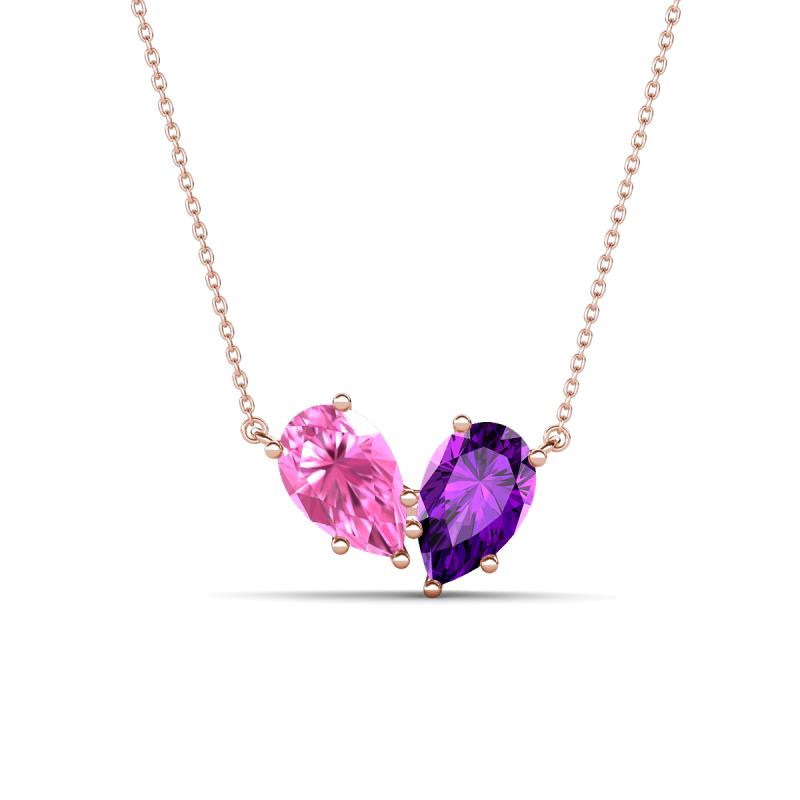 Zemi 1.55 ctw Pear Shape Created Pink Sapphire and Amethyst (7x5 mm) Toi Et Moi Pendant Necklace 