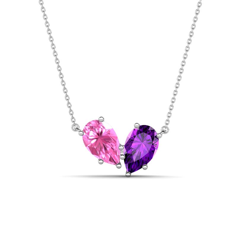 Zemi 1.55 ctw Pear Shape Created Pink Sapphire and Amethyst (7x5 mm) Toi Et Moi Pendant Necklace 