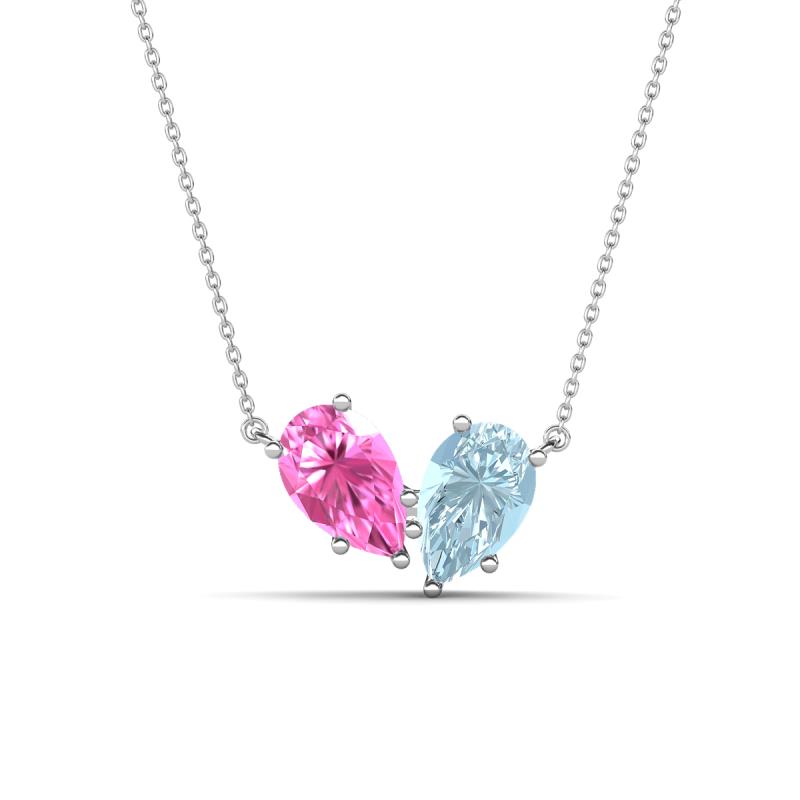Zemi 1.50 ctw Pear Shape Created Pink Sapphire and Aquamarine (7x5 mm) Toi Et Moi Pendant Necklace 
