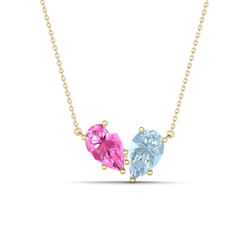 Zemi 1.50 ctw Pear Shape Created Pink Sapphire and Aquamarine (7x5 mm) Toi Et Moi Pendant Necklace 