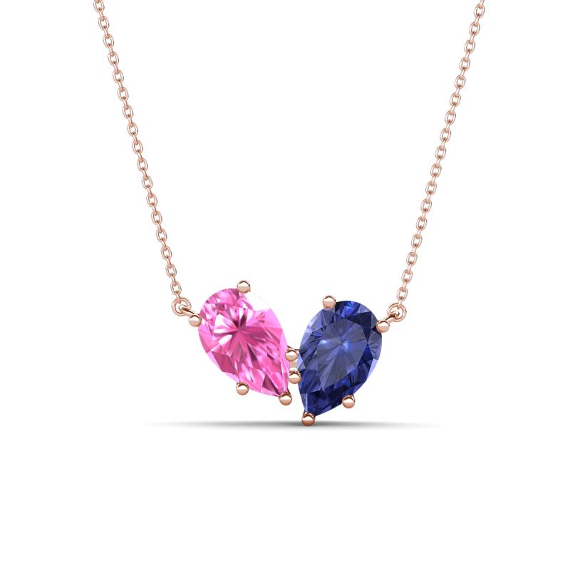 Zemi 1.50 ctw Pear Shape Created Pink Sapphire and Iolite (7x5 mm) Toi Et Moi Pendant Necklace 