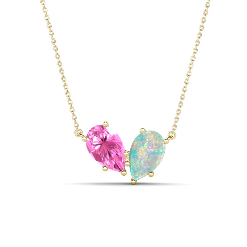Zemi 1.25 ctw Pear Shape Created Pink Sapphire and Opal (7x5 mm) Toi Et Moi Pendant Necklace 