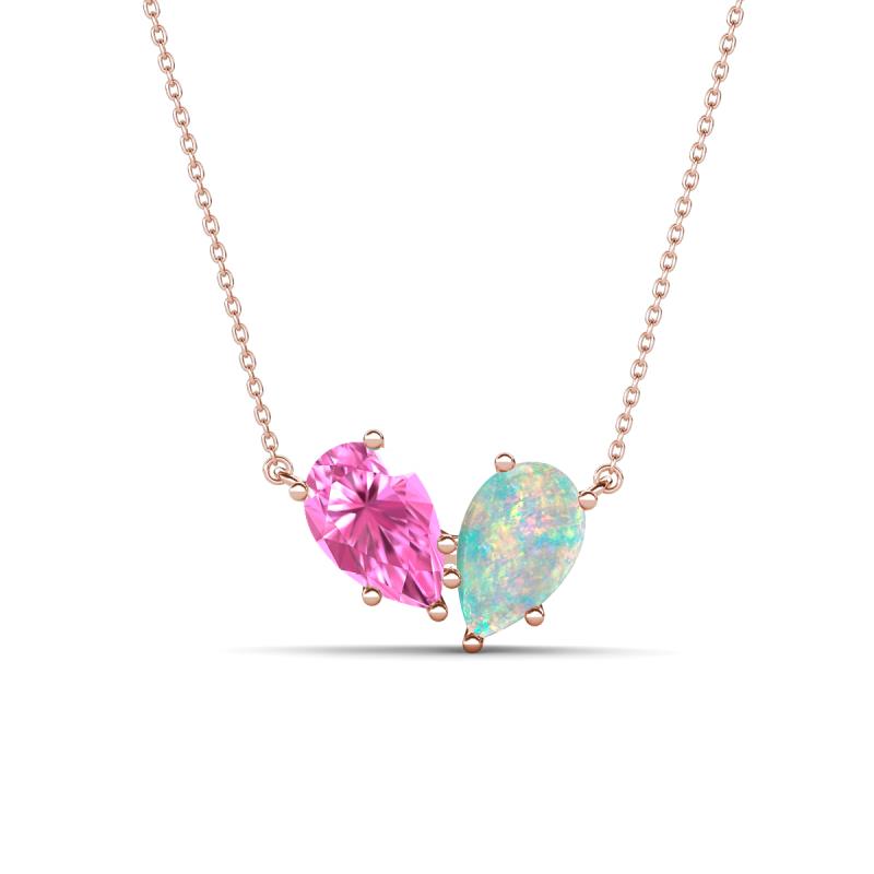 Zemi 1.25 ctw Pear Shape Created Pink Sapphire and Opal (7x5 mm) Toi Et Moi Pendant Necklace 