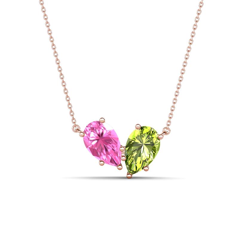 Zemi 1.70 ctw Pear Shape Created Pink Sapphire and Peridot (7x5 mm) Toi Et Moi Pendant Necklace 