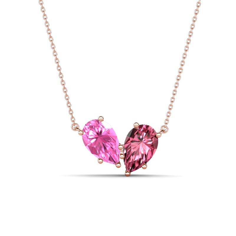 Zemi 1.60 ctw Pear Shape Created Pink Sapphire and Pink Tourmaline (7x5 mm) Toi Et Moi Pendant Necklace 