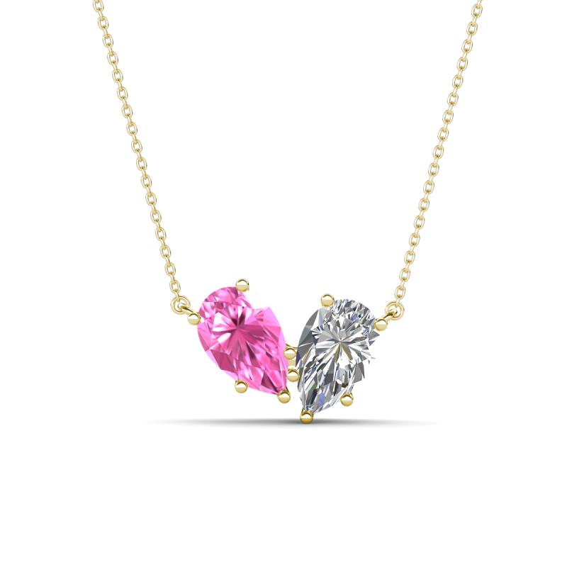 Zemi 1.70 ctw Pear Shape Created Pink Sapphire and Natural Diamond (7x5 mm) Toi Et Moi Pendant Necklace 