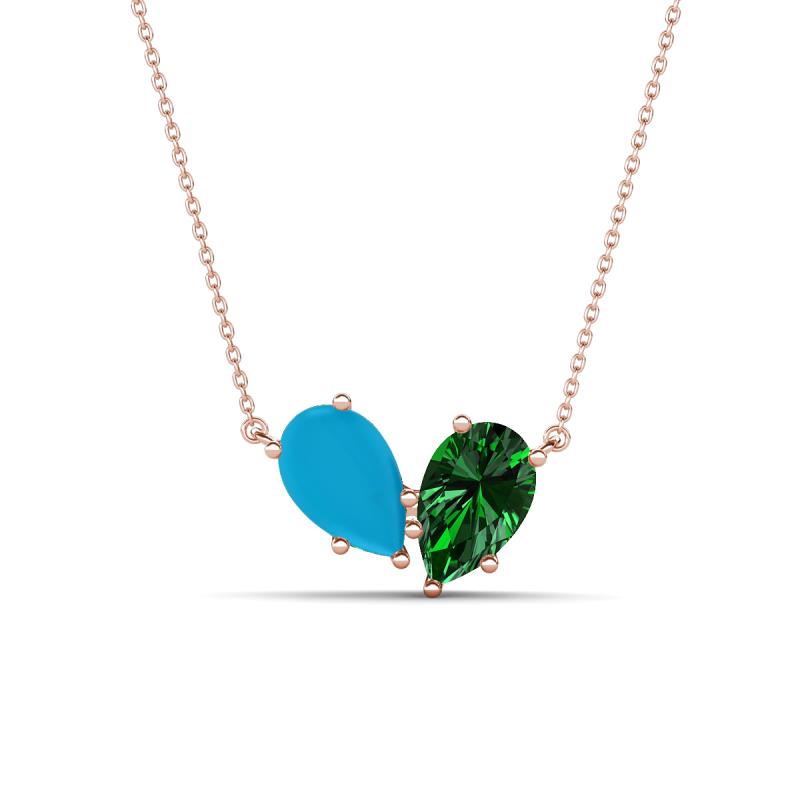 Zemi 1.15 ctw Pear Shape Turquoise and Lab Grown Emerald (7x5 mm) Toi Et Moi Pendant Necklace 