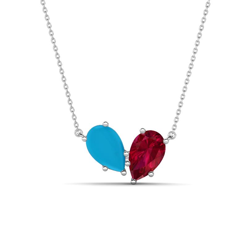 Zemi 1.30 ctw Pear Shape Turquoise and Lab Grown Ruby (7x5 mm) Toi Et Moi Pendant Necklace 