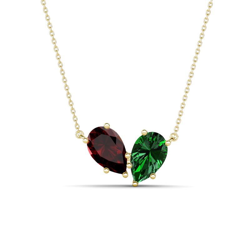 Zemi 1.70 ctw Pear Shape Red Garnet and Lab Grown Emerald (7x5 mm) Toi Et Moi Pendant Necklace 