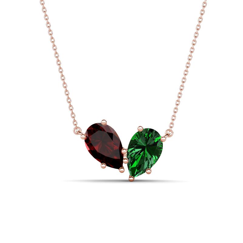 Zemi 1.70 ctw Pear Shape Red Garnet and Lab Grown Emerald (7x5 mm) Toi Et Moi Pendant Necklace 