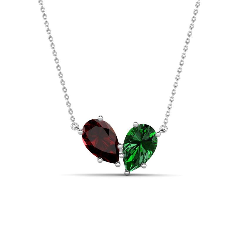 Zemi 1.70 ctw Pear Shape Red Garnet and Lab Grown Emerald (7x5 mm) Toi Et Moi Pendant Necklace 