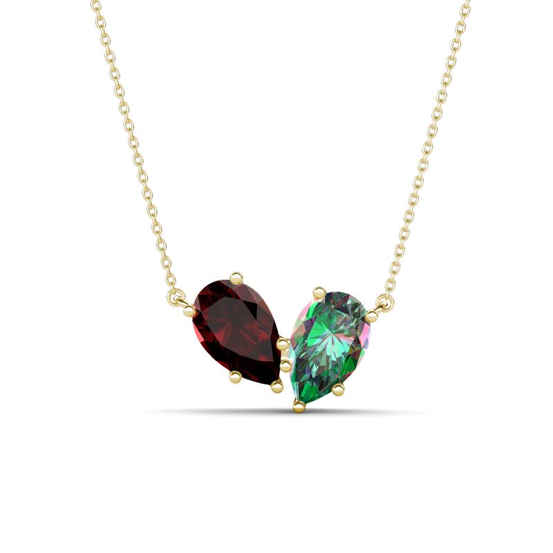 Zemi 1.76 ctw Pear Shape Red Garnet and Created Alexandrite (7x5 mm) Toi Et Moi Pendant Necklace 