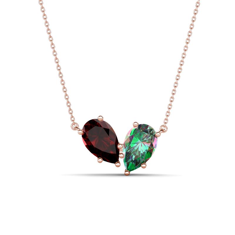 Zemi 1.76 ctw Pear Shape Red Garnet and Created Alexandrite (7x5 mm) Toi Et Moi Pendant Necklace 