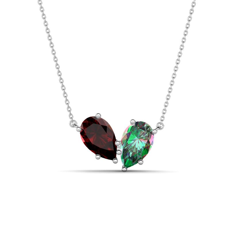 Zemi 1.76 ctw Pear Shape Red Garnet and Created Alexandrite (7x5 mm) Toi Et Moi Pendant Necklace 