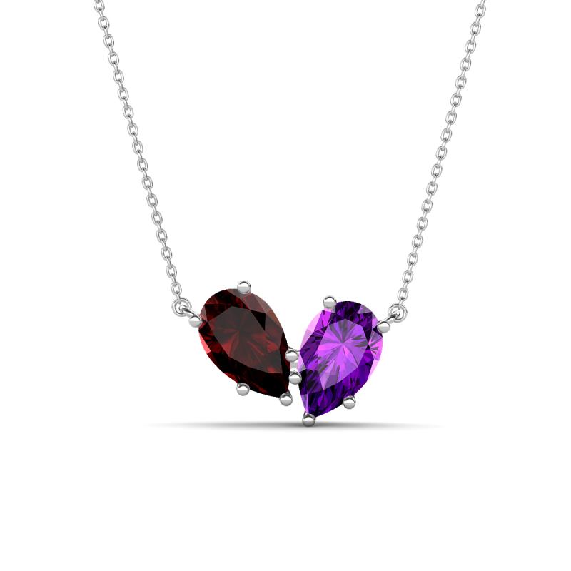 Zemi 1.55 ctw Pear Shape Red Garnet and Amethyst (7x5 mm) Toi Et Moi Pendant Necklace 