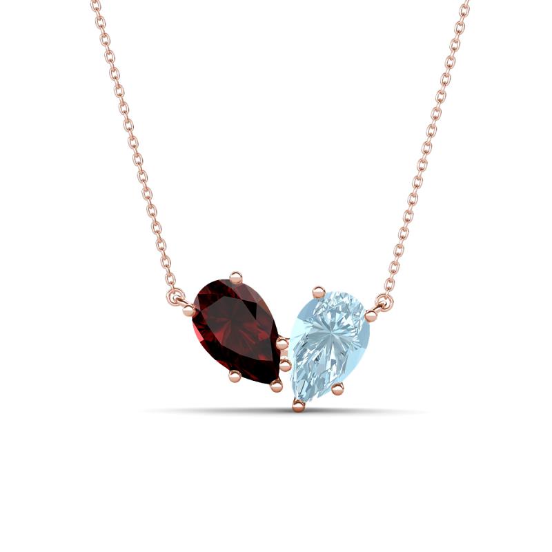 Zemi 1.50 ctw Pear Shape Red Garnet and Aquamarine (7x5 mm) Toi Et Moi Pendant Necklace 