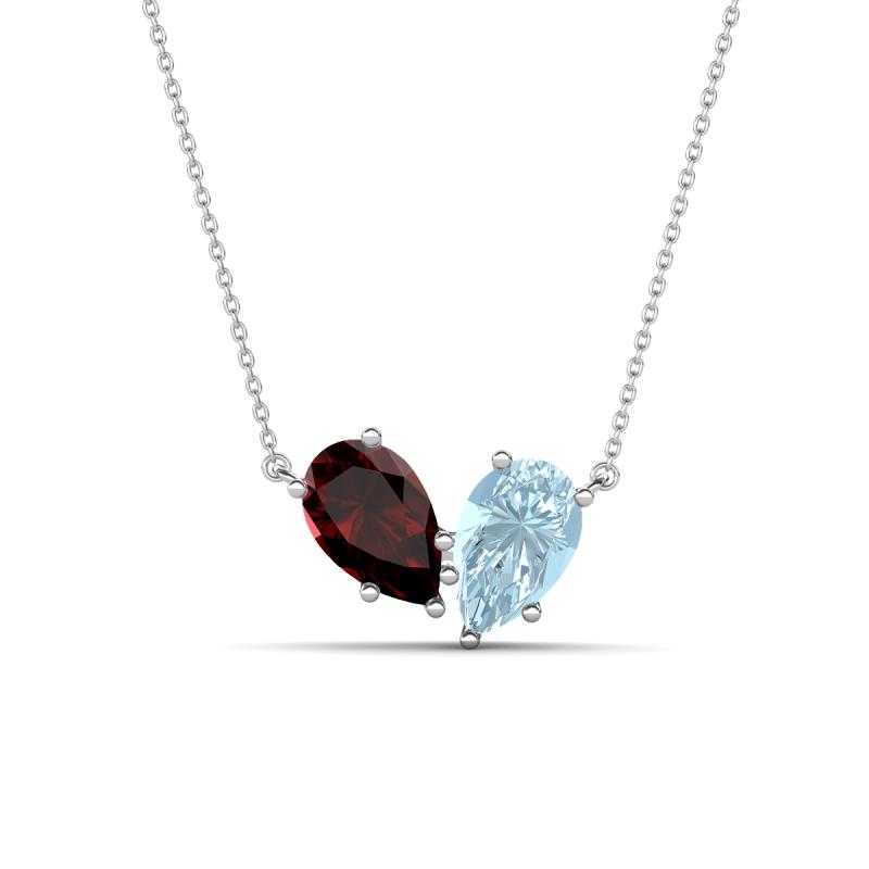 Zemi 1.50 ctw Pear Shape Red Garnet and Aquamarine (7x5 mm) Toi Et Moi Pendant Necklace 
