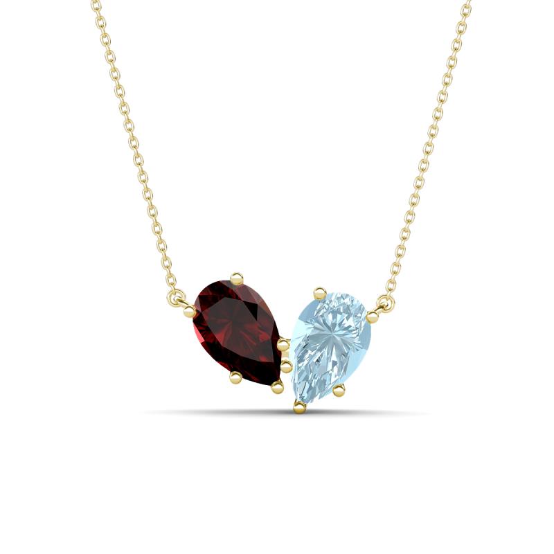 Zemi 1.50 ctw Pear Shape Red Garnet and Aquamarine (7x5 mm) Toi Et Moi Pendant Necklace 