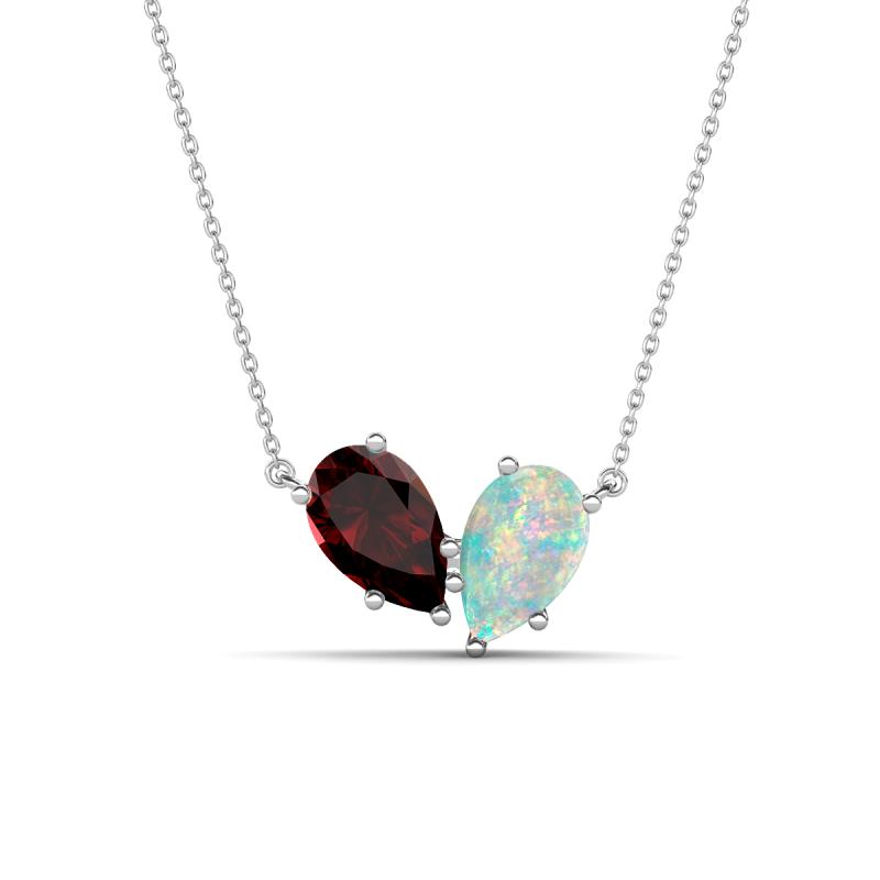 Zemi 1.25 ctw Pear Shape Red Garnet and Opal (7x5 mm) Toi Et Moi Pendant Necklace 