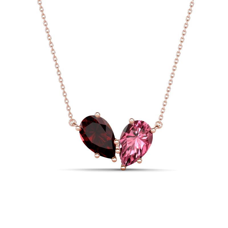 Zemi 1.60 ctw Pear Shape Red Garnet and Pink Tourmaline (7x5 mm) Toi Et Moi Pendant Necklace 