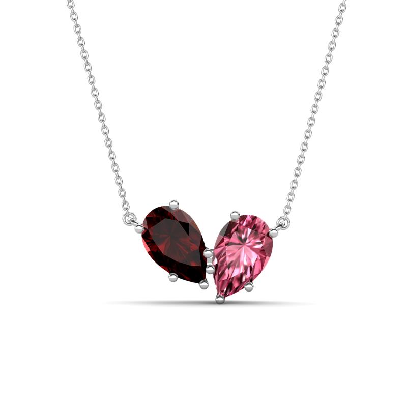 Zemi 1.60 ctw Pear Shape Red Garnet and Pink Tourmaline (7x5 mm) Toi Et Moi Pendant Necklace 
