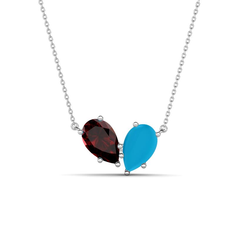 Zemi 1.25 ctw Pear Shape Red Garnet and Turquoise (7x5 mm) Toi Et Moi Pendant Necklace 