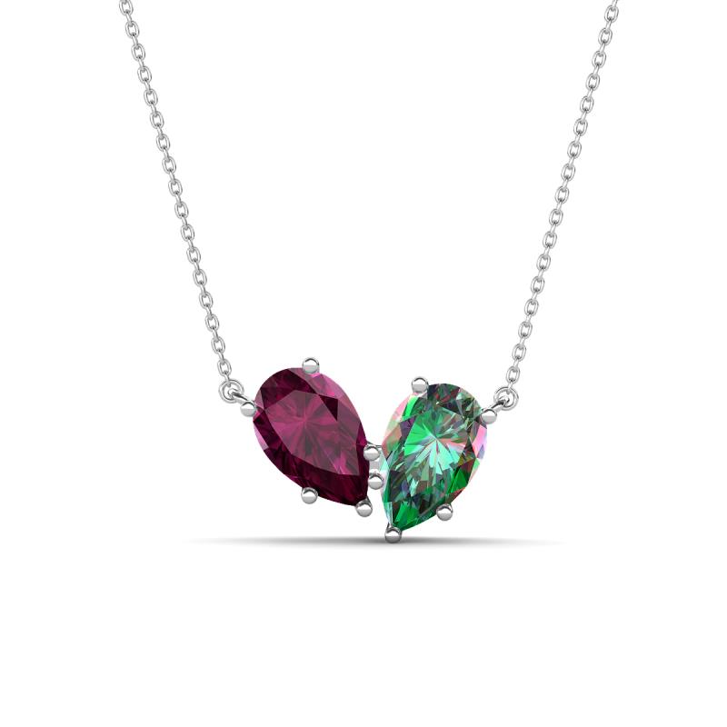 Zemi 1.76 ctw Pear Shape Rhodolite Garnet and Created Alexandrite (7x5 mm) Toi Et Moi Pendant Necklace 