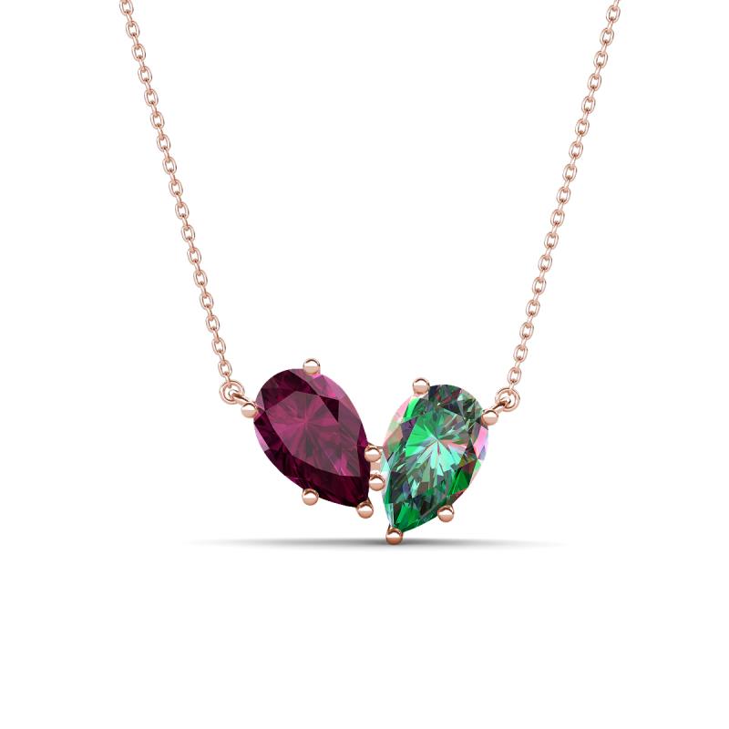 Zemi 1.76 ctw Pear Shape Rhodolite Garnet and Created Alexandrite (7x5 mm) Toi Et Moi Pendant Necklace 