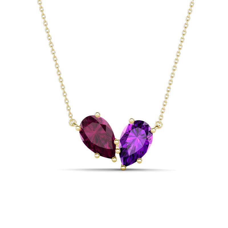 Zemi 1.55 ctw Pear Shape Rhodolite Garnet and Amethyst (7x5 mm) Toi Et Moi Pendant Necklace 