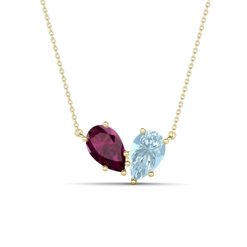 Zemi 1.50 ctw Pear Shape Rhodolite Garnet and Aquamarine (7x5 mm) Toi Et Moi Pendant Necklace 