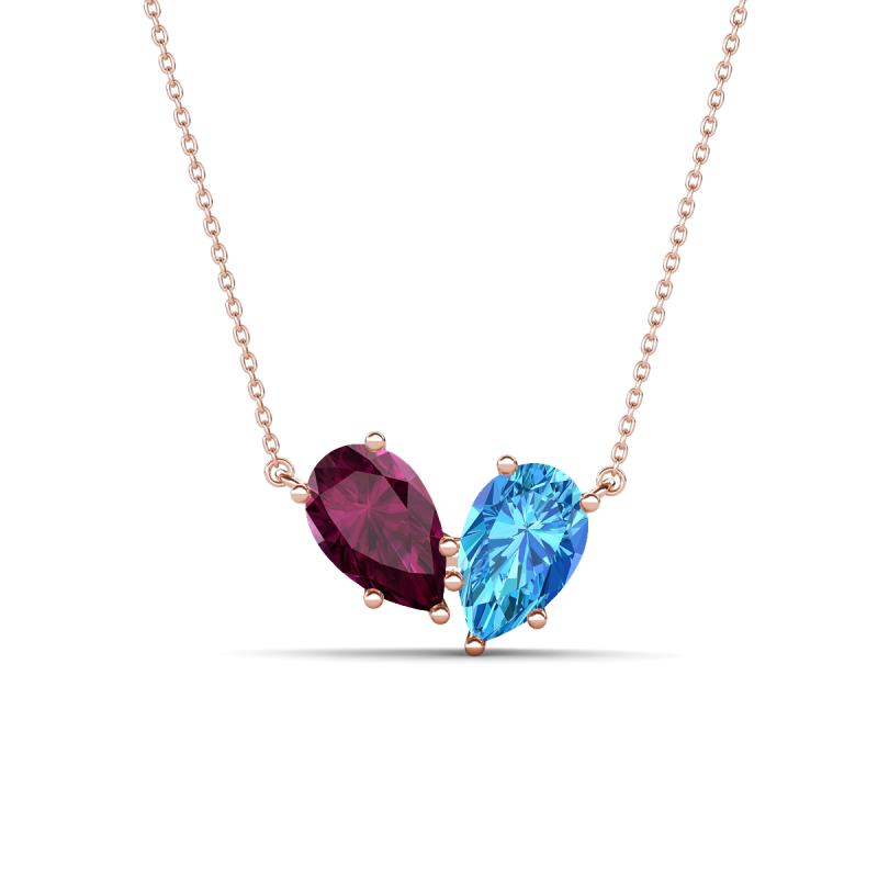 Zemi 1.75 ctw Pear Shape Rhodolite Garnet and Blue Topaz (7x5 mm) Toi Et Moi Pendant Necklace 