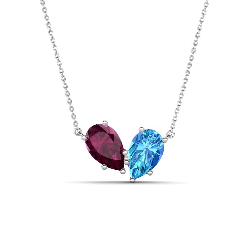 Zemi 1.75 ctw Pear Shape Rhodolite Garnet and Blue Topaz (7x5 mm) Toi Et Moi Pendant Necklace 