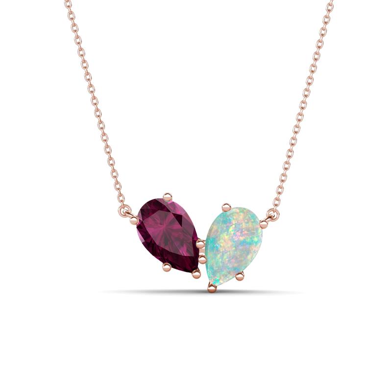 Zemi 1.25 ctw Pear Shape Rhodolite Garnet and Opal (7x5 mm) Toi Et Moi Pendant Necklace 