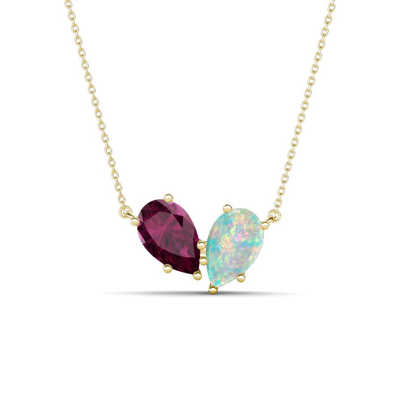 Zemi 1.25 ctw Pear Shape Rhodolite Garnet and Opal (7x5 mm) Toi Et Moi Pendant Necklace 