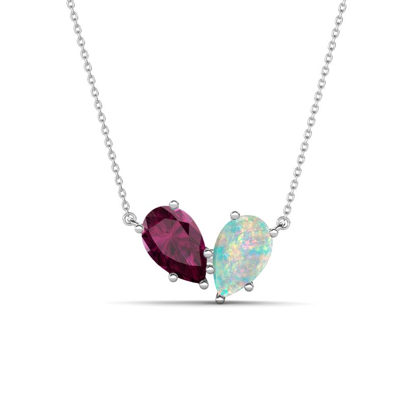 Zemi 1.25 ctw Pear Shape Rhodolite Garnet and Opal (7x5 mm) Toi Et Moi Pendant Necklace 