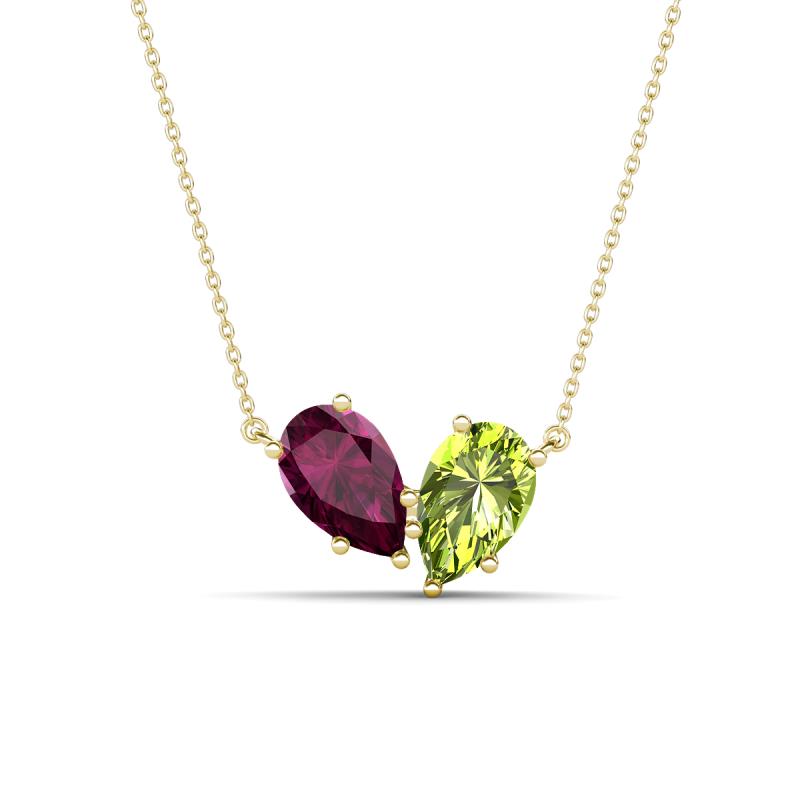 Zemi 1.70 ctw Pear Shape Rhodolite Garnet and Peridot (7x5 mm) Toi Et Moi Pendant Necklace 