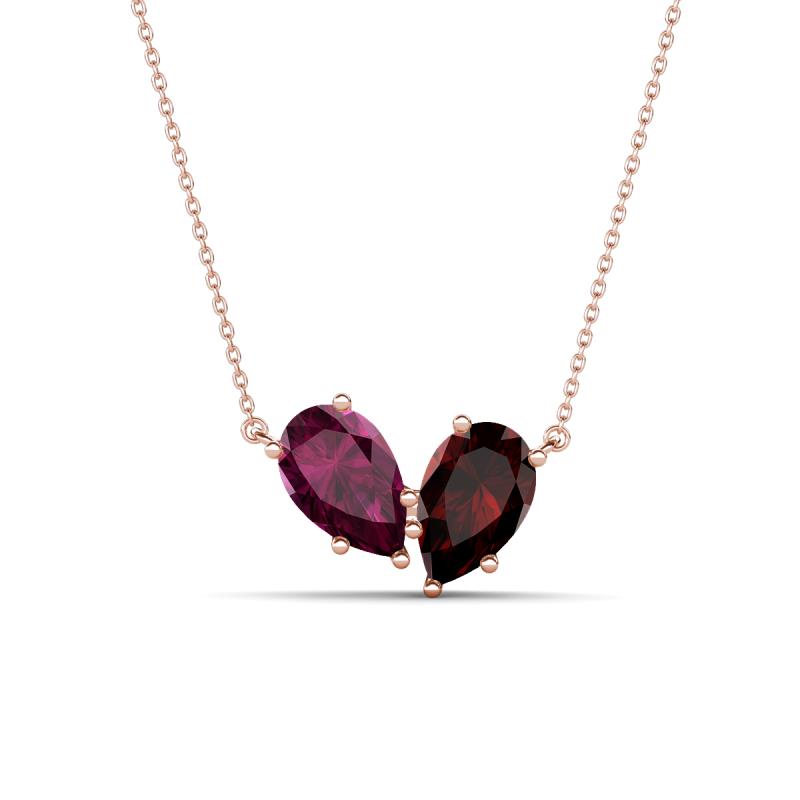 Zemi 1.80 ctw Pear Shape Rhodolite Garnet and Red Garnet (7x5 mm) Toi Et Moi Pendant Necklace 