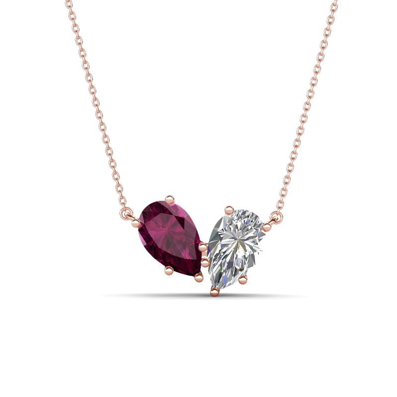 Zemi 2.20 ctw Pear Shape Rhodolite Garnet and Lab Grown Diamond (7x5 mm) Toi Et Moi Pendant Necklace 