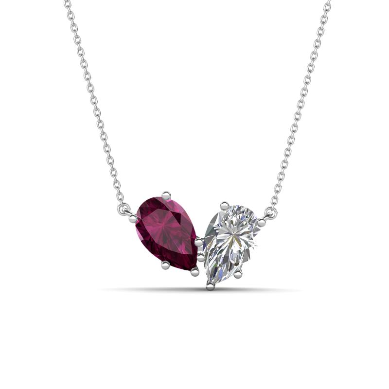Zemi 1.70 ctw Pear Shape Rhodolite Garnet and Natural Diamond (7x5 mm) Toi Et Moi Pendant Necklace 