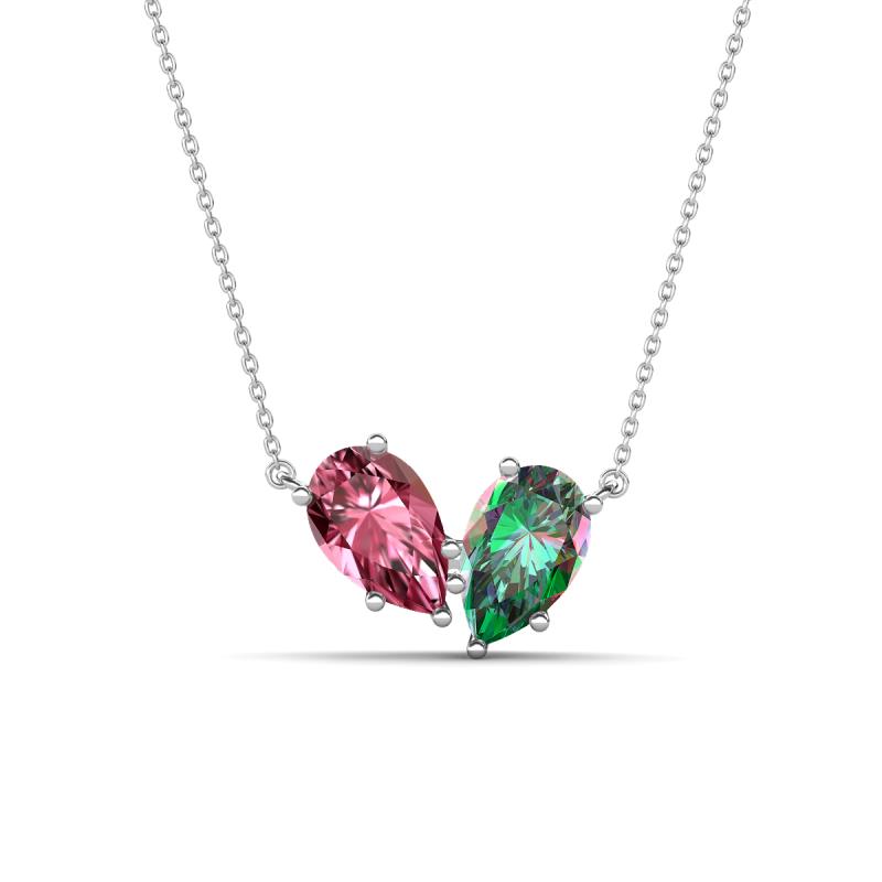 Zemi 1.56 ctw Pear Shape Pink Tourmaline and Created Alexandrite (7x5 mm) Toi Et Moi Pendant Necklace 