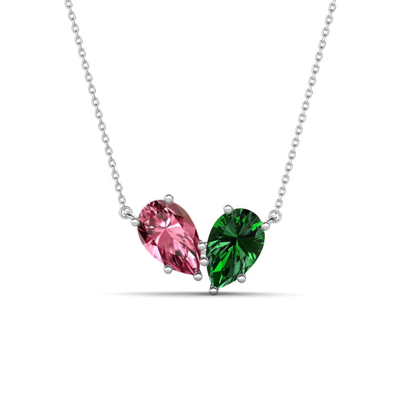 Zemi 1.50 ctw Pear Shape Pink Tourmaline and Lab Grown Emerald (7x5 mm) Toi Et Moi Pendant Necklace 