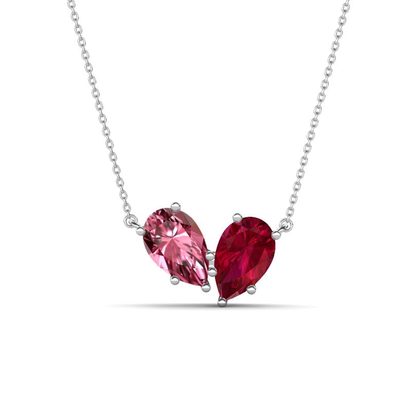 Zemi 1.65 ctw Pear Shape Pink Tourmaline and Lab Grown Ruby (7x5 mm) Toi Et Moi Pendant Necklace 