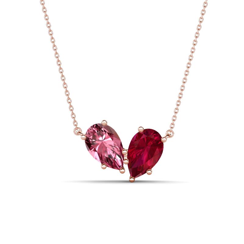 Zemi 1.65 ctw Pear Shape Pink Tourmaline and Lab Grown Ruby (7x5 mm) Toi Et Moi Pendant Necklace 