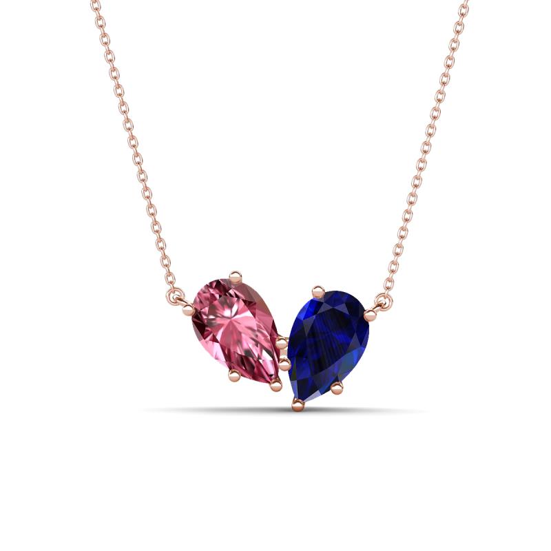 Zemi 1.60 ctw Pear Shape Pink Tourmaline and Lab Grown Blue Sapphire (7x5 mm) Toi Et Moi Pendant Necklace 