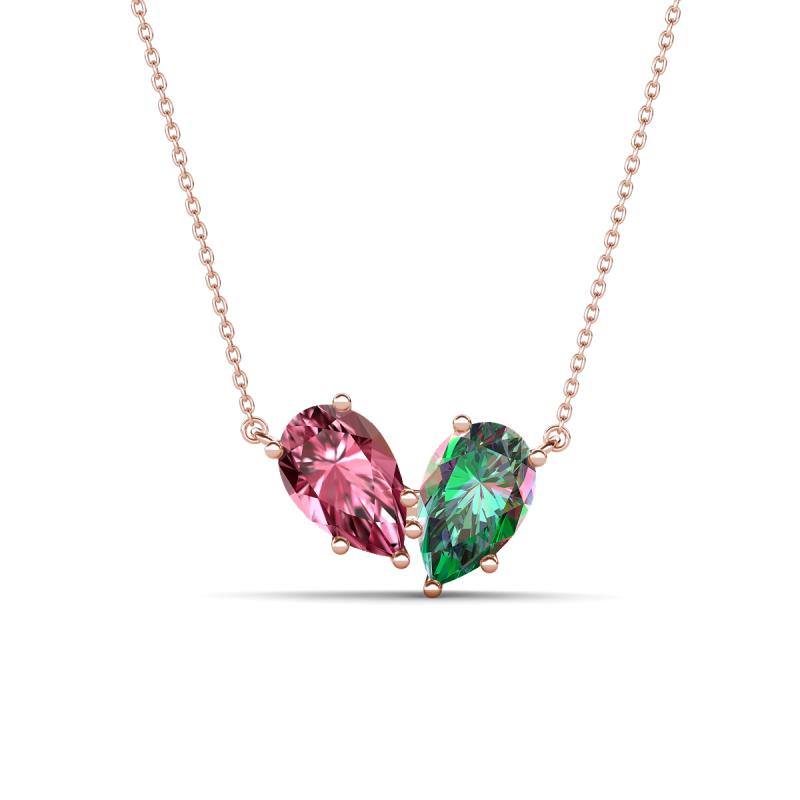 Zemi 1.56 ctw Pear Shape Pink Tourmaline and Created Alexandrite (7x5 mm) Toi Et Moi Pendant Necklace 