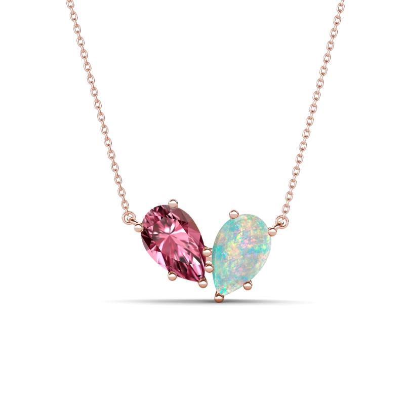 Zemi 1.05 ctw Pear Shape Pink Tourmaline and Opal (7x5 mm) Toi Et Moi Pendant Necklace 
