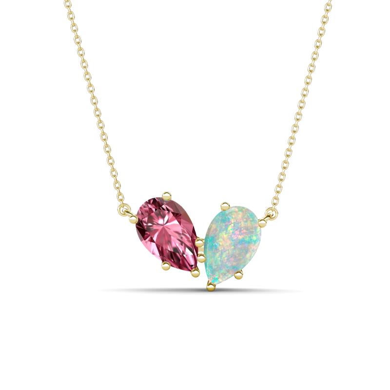 Zemi 1.05 ctw Pear Shape Pink Tourmaline and Opal (7x5 mm) Toi Et Moi Pendant Necklace 