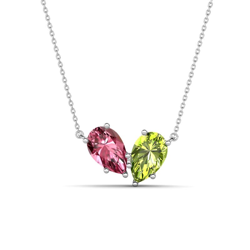 Zemi 1.50 ctw Pear Shape Pink Tourmaline and Peridot (7x5 mm) Toi Et Moi Pendant Necklace 