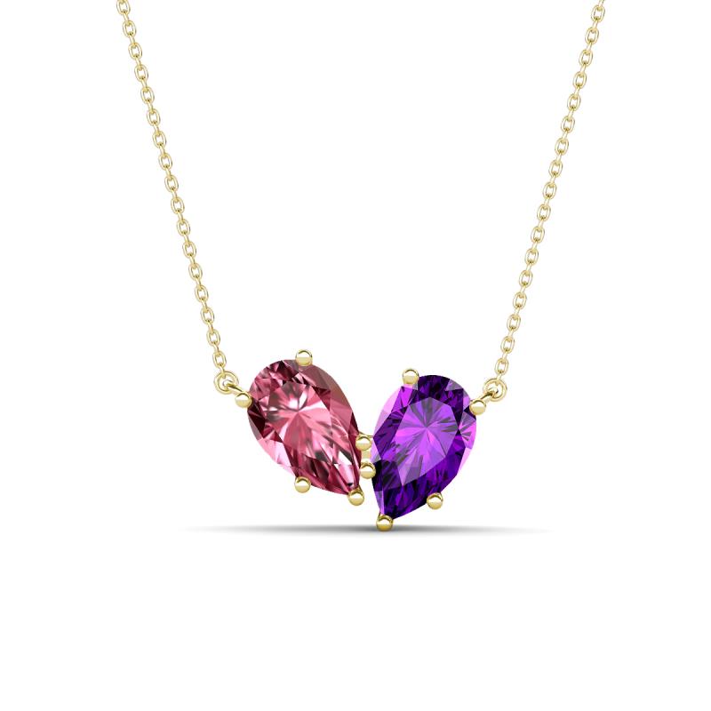 Zemi 1.35 ctw Pear Shape Pink Tourmaline and Amethyst (7x5 mm) Toi Et Moi Pendant Necklace 