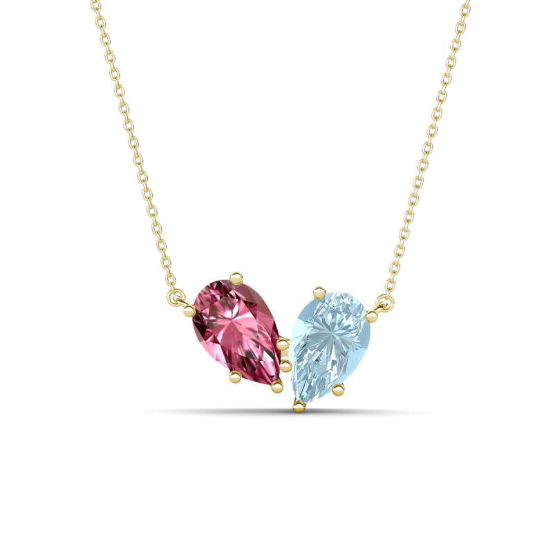 Zemi 1.30 ctw Pear Shape Pink Tourmaline and Aquamarine (7x5 mm) Toi Et Moi Pendant Necklace 